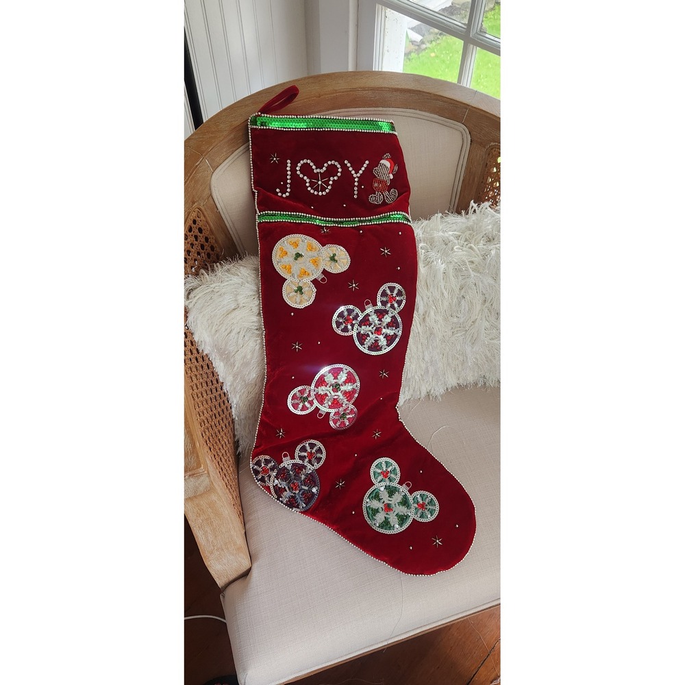 Disney Parks Mickey Mouse Red Velvet Beaded Sequin JOY Christmas Stocking XL